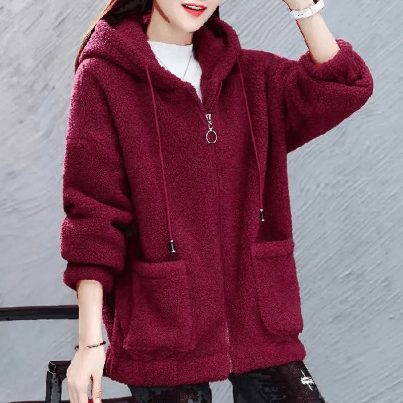 Stylish loose women's fleece jacket with hood SF1955; cotton, full-length sleeves, zipper closure, solid pattern, casual fit.